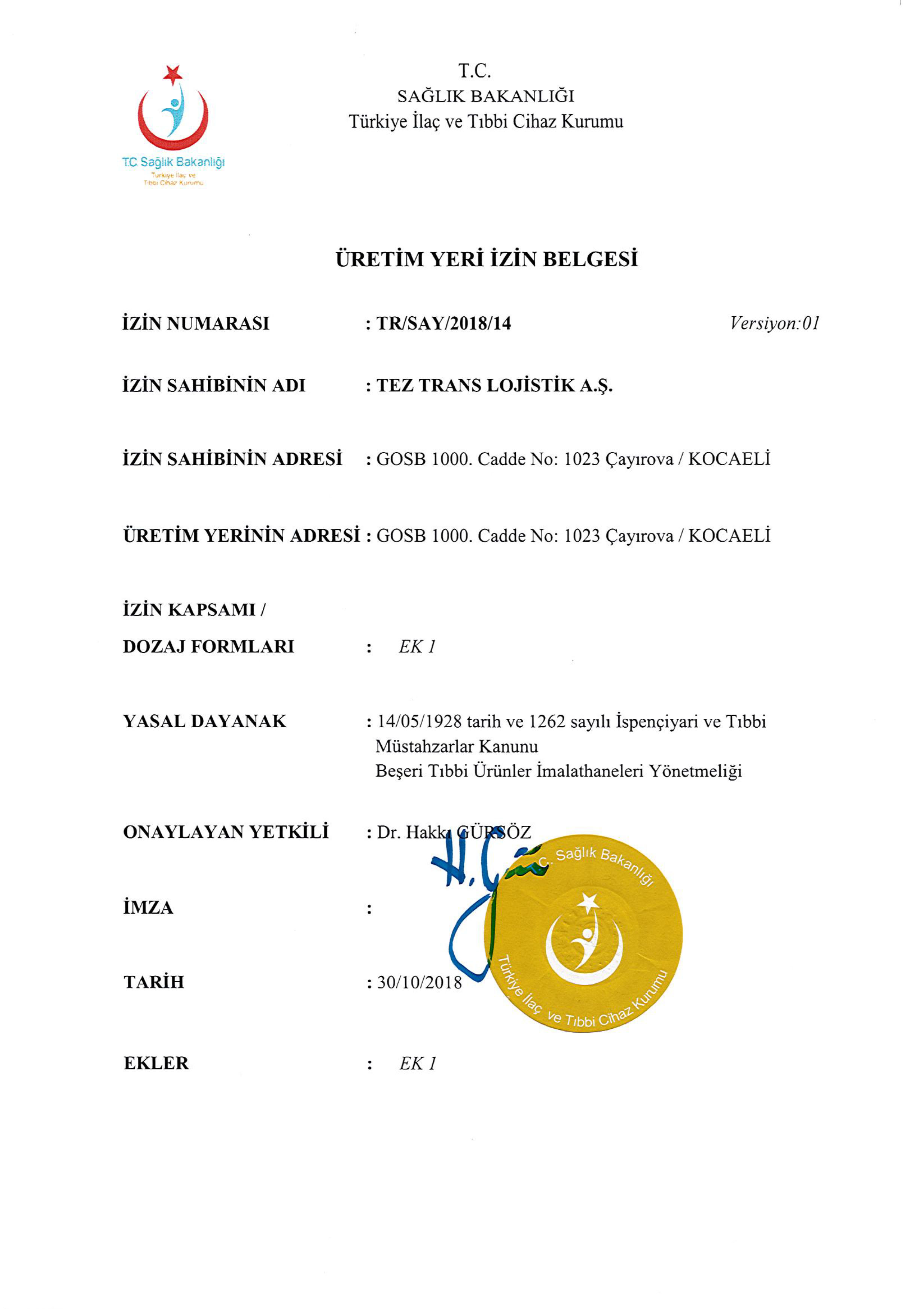 Üretim Yeri İzin Belgesi