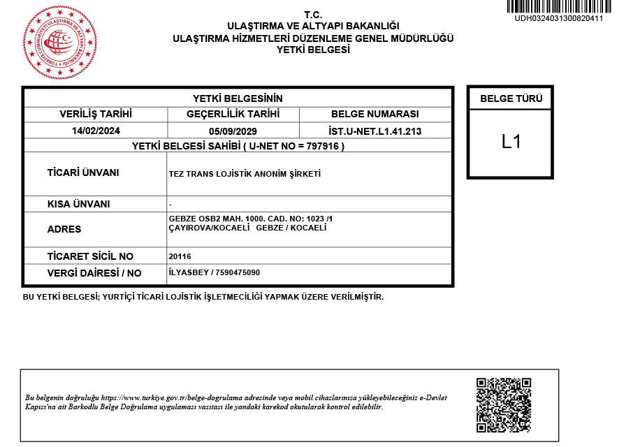 Yurtiçi Lojistik İşletmeciliği Yetki Belgesi